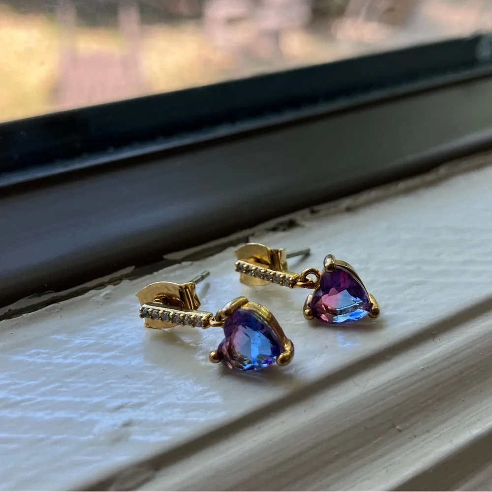 Small blue/pink/purple CZ heart drop earrings (originally $30 on Etsy) - Picture 3 of 6